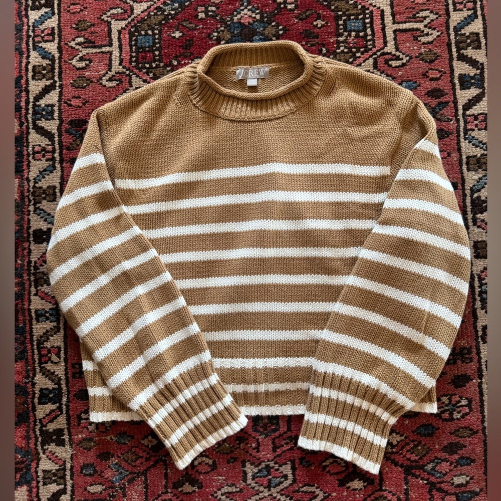 J. Crew Roll Neck Sweater, size Small, tan and white stripe.
